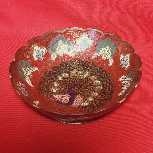 Vintage Indian Etched Brass Metal Peacock Pedestal Red Bowl Trinket Dish - Picture 11 of 11